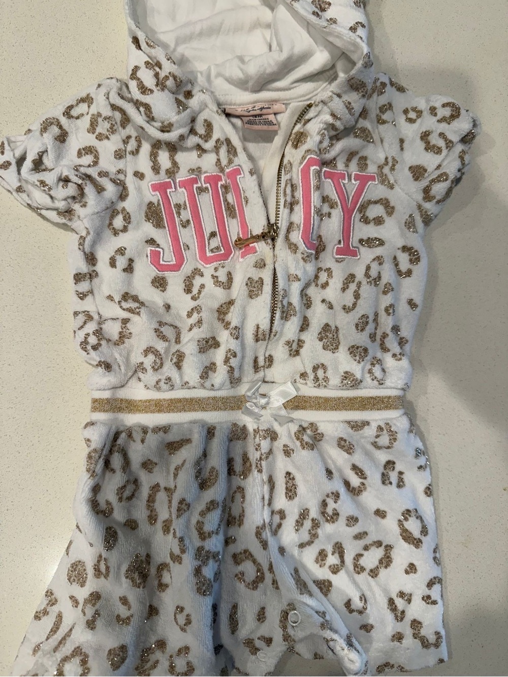 Juicy Couture White Hooded One-Piece with Gold Leopard and Pink Logo